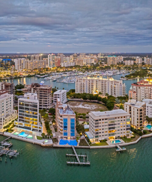 Sarasota Skyline at night from drone point of view.